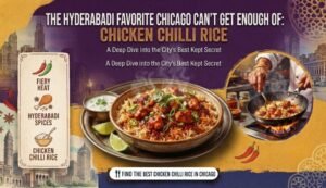 Advertisement for chicken chilli rice: large bowl of spiced rice with lime wedges, chef cooking in the background, and a spice panel on the left.