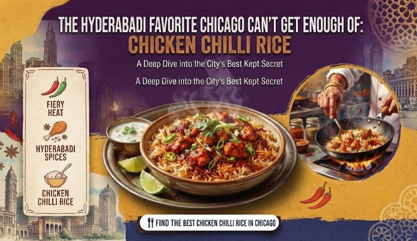 Advertisement for chicken chilli rice: large bowl of spiced rice with lime wedges, chef cooking in the background, and a spice panel on the left.