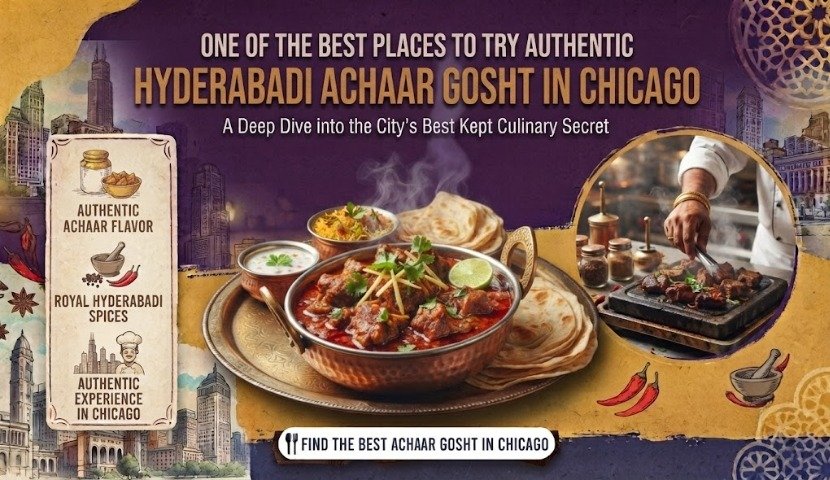Advertisement poster for authentic Hyderabad Achaari Gosht in Chicago, showing bowls of curry with naan and a chef grilling; headline proclaims the best places to try authentic Hyderabad Achaari Gosht in Chicago.