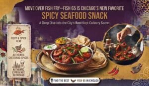 Advertisement for 'Spicy Seafood Snack' featuring a bowl of spicy seafood and naan, with Chicago skyline and promotional text above.