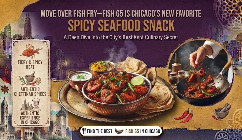 Advertisement for 'Spicy Seafood Snack' featuring a bowl of spicy seafood and naan, with Chicago skyline and promotional text above.