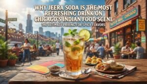 Promotional poster: outdoor Chicago Indian street dining with a mojito on a wooden table, plates of food, and the headline “Why Jeera Soda is the Most Refreshing Drink on Chicago's Indian Food Scene.”
