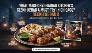 Ad for Seekh Kebab in Chicago with skewered kebabs on a plate, naan, lime, and chutney against a city skyline backdrop.