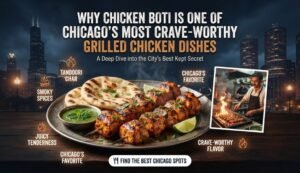 Promotional banner: skewered grilled chicken with naan, lime, and chutney, advertising Chicago's best grilled chicken dishes.
