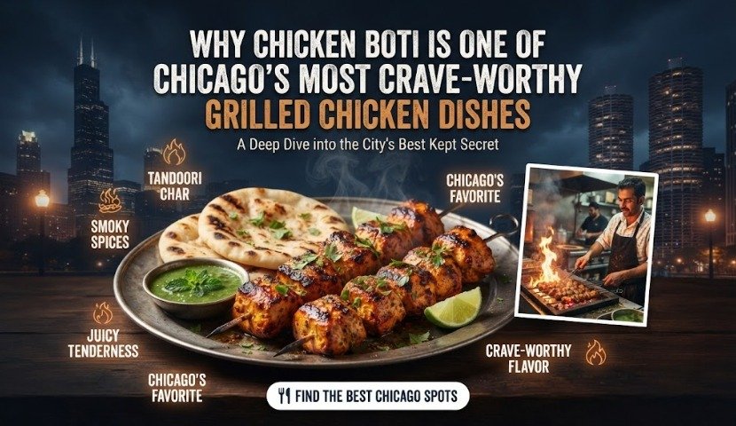 Promotional banner: skewered grilled chicken with naan, lime, and chutney, advertising Chicago's best grilled chicken dishes.