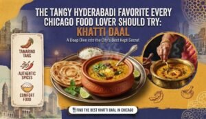 Colorful poster promoting Khatti Daal, showing a steaming dal in a clay pot with naan, lime wedges, and decorative background.