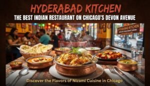 Table of Indian dishes—biryani in a copper bowl, naan, curries—at Hyderabad Kitchen restaurant, Chicago; sign reads Hyderabad Kitchen above.