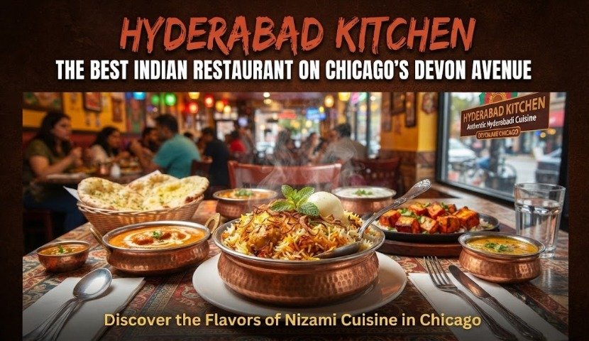 Table of Indian dishes—biryani in a copper bowl, naan, curries—at Hyderabad Kitchen restaurant, Chicago; sign reads Hyderabad Kitchen above.