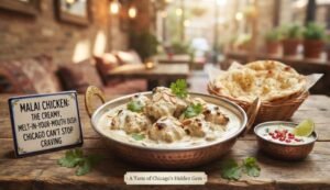 Creamy malai chicken in a copper pan with cilantro, naan bread in a basket, and a sign that reads 'A Taste of Chicago's Hidden Gem' on a rustic table.