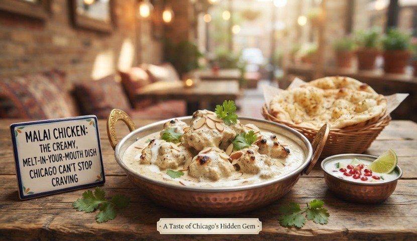 Creamy malai chicken in a copper pan with cilantro, naan bread in a basket, and a sign that reads 'A Taste of Chicago's Hidden Gem' on a rustic table.