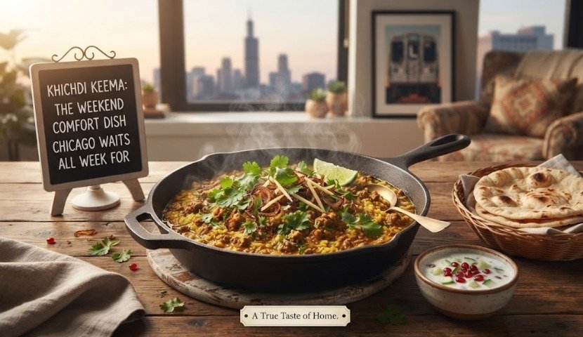 Skillet of khichdi keema curry steaming on a wooden table, garnished with cilantro, with naan and raita on the side and a city skyline in the background, plus the sign reading 'Khichdi Keema: The Weekend Comfort Dish' and a 'A True Taste of Home' badge.