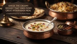 Copper serving bowls with creamy kheer topped with almonds and pistachios, candlelight and a sign about Kheer in the background.