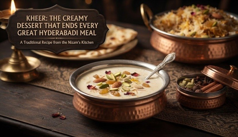 Copper serving bowls with creamy kheer topped with almonds and pistachios, candlelight and a sign about Kheer in the background.