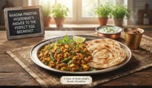Plate of spiced scrambled eggs with peppers and herbs beside a folded paratha on a metal platter, on a wooden table with a chalkboard sign reading 'Khagina Paratha: Hyderabad's answer to the perfect egg breakfast'.