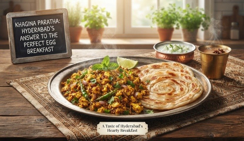 Plate of spiced scrambled eggs with peppers and herbs beside a folded paratha on a metal platter, on a wooden table with a chalkboard sign reading 'Khagina Paratha: Hyderabad's answer to the perfect egg breakfast'.