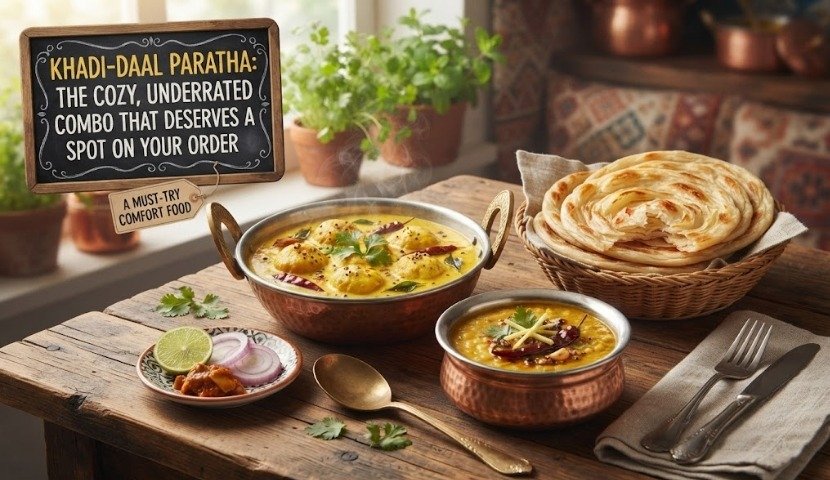 Rustic table with copper bowls of khadi-daal paratha and a basket of paratha bread, lime wedges, onion slices, and a chalkboard sign promoting the cozy, underrated combo.