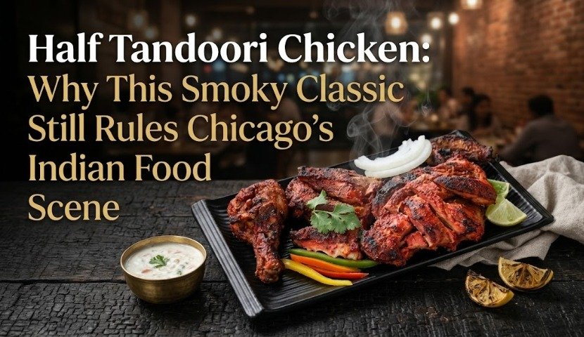 Article cover: Smoky tandoori chicken on a black platter with lime, peppers, and sauce beside the headline about Chicago’s Indian food scene