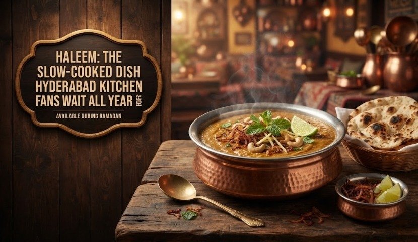 Copper pot of haleem on a rustic wooden table with naan, lime, and a sign in the background that reads 'HALEEM: THE SLOW-COOKED DISH HYDERABAD KITCHEN FANS WAIT ALL YEAR'