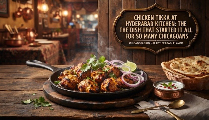 Cast iron skillet of charred chicken tikka with cilantro, lime wedges, and red onion on a wooden table, with naan bread and warm restaurant in the background.