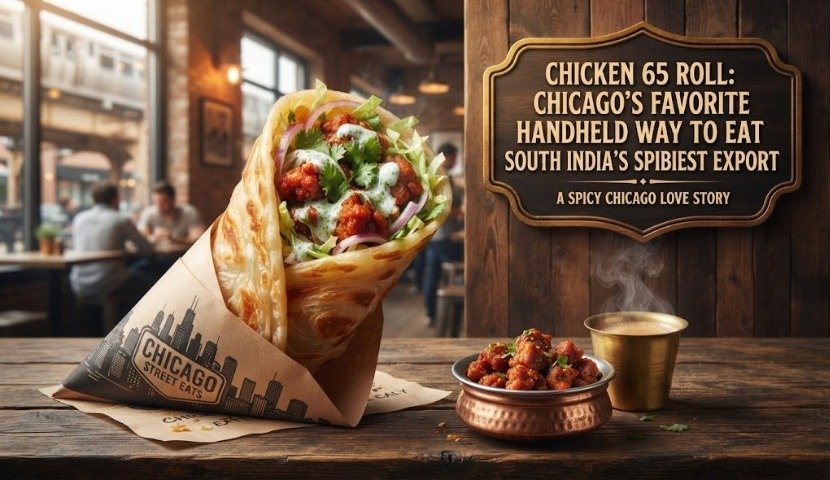 Chicken 65 wrap filled with greens and sauce on a wooden table, beside a copper bowl of fried bites and a steaming cup in a rustic restaurant.