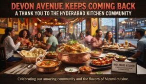 Banner showing a crowded restaurant with groups dining; copper pots of Indian dishes in the foreground and a headline about Devon Avenue Hyderabad Kitchen Community.