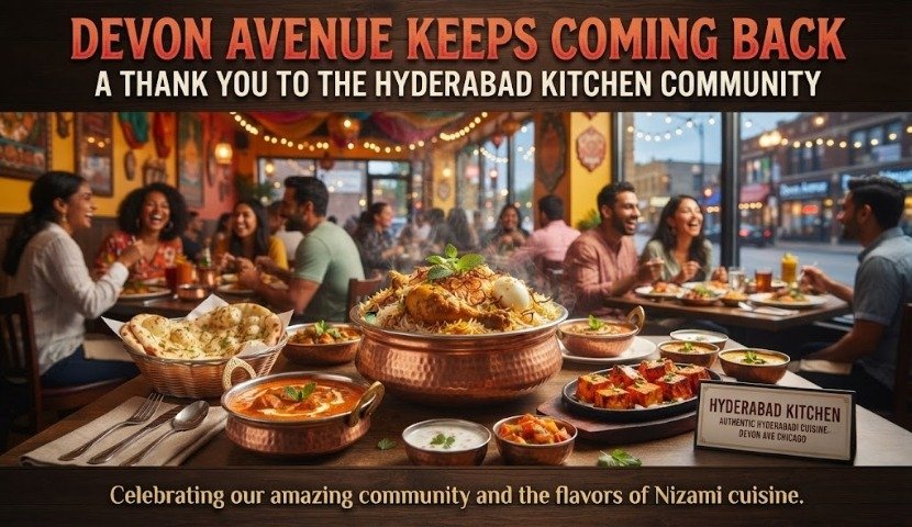 Banner showing a crowded restaurant with groups dining; copper pots of Indian dishes in the foreground and a headline about Devon Avenue Hyderabad Kitchen Community.