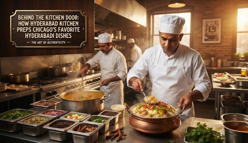 Chef in white uniform plating a colorful dish from a copper pot as a second chef stirs a simmering pot in a busy kitchen.