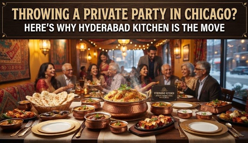 Group of people enjoying a private dinner at a warmly lit Indian restaurant, with copper serving bowls and a central dish.