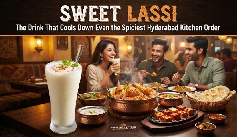 Advertisement banner: text reads 'Sweet Lassi' with the tagline about cooling spicy Hyderabad kitchen; three friends enjoy Indian dishes around a table with a tall glass of sweet lassi in the foreground.