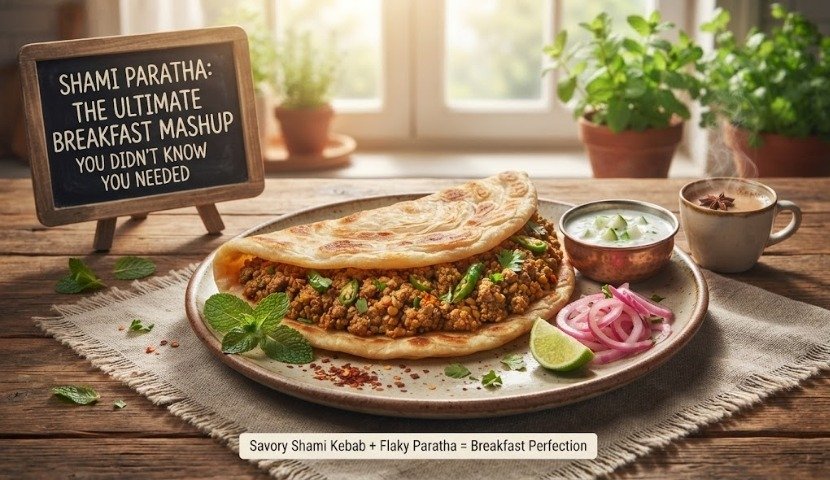Plate of shami kebab stuffed paratha with mint, onions, lime, and yogurt on a wooden table with a chalkboard sign reading 'Shami Paratha: The Ultimate Breakfast Mashup'.