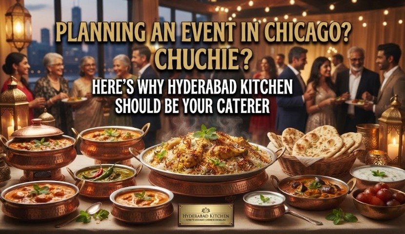 Promotional image for Chicago event catering by Hyderabad Kitchen, featuring a long table with copper serving dishes and naan, with guests mingling in the background.