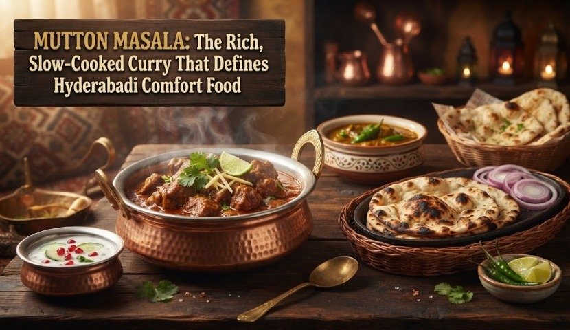 Copper serving pot of mutton masala with cilantro and lime, with naan and onion rings on a rustic table; sign reads 'MUTTON MASALA: The Rich, Slow-Cooked Curry... Comfort Food'