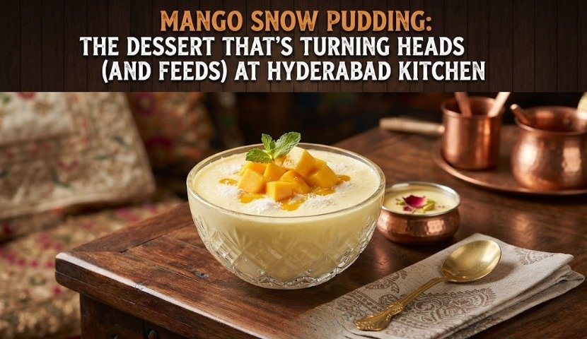 Mango snow pudding in a crystal bowl topped with mango cubes on a wooden table, with copper utensils nearby.