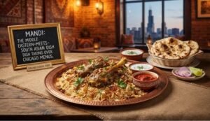 Copper platter of mandi with lamb over spiced rice, herbs, and side sauces, with naan in a basket and lime wedges; chalkboard sign advertising Mandi as a fusion dish.