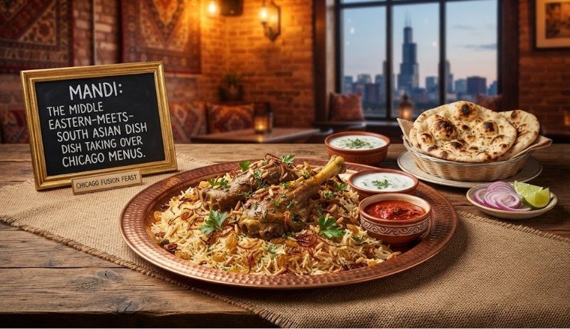 Copper platter of mandi with lamb over spiced rice, herbs, and side sauces, with naan in a basket and lime wedges; chalkboard sign advertising Mandi as a fusion dish.