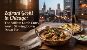 Hero image for a Chicago food article: saffron lamb curry in a copper pot on a wooden table with naan, city skyline in background.