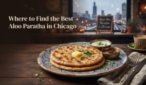 Plate of aloo paratha with chutney on a wooden table; sign reads 'Best Aloo Paratha in Chicago' with city skyline in the background.