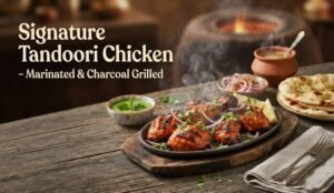 Signature Tandoori Chicken—marinated and charcoal grilled, served on a wooden board with onions, herbs, and naan nearby.