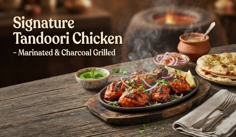 Signature Tandoori Chicken—marinated and charcoal grilled, served on a wooden board with onions, herbs, and naan nearby.