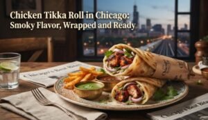 Plate with chicken tikka wraps, fries, and chutney on a wooden table, Chicago skyline visible in the window, with the headline 'Chicken Tikka Roll in Chicago: Smoky Flavor, Wrapped and Ready' above.
