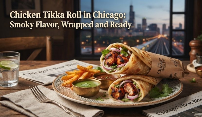 Plate with chicken tikka wraps, fries, and chutney on a wooden table, Chicago skyline visible in the window, with the headline 'Chicken Tikka Roll in Chicago: Smoky Flavor, Wrapped and Ready' above.