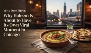 Headline: Move Over Birria: Why Haleem Is About to Have Its Own Viral Moment in Chicago; bowl of haleem and naan on a wooden table with a city skyline behind it.