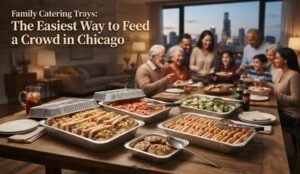 Promotional image showing a family gathering around a dining table with aluminum catering trays; text reads 'Family Catering Trays: The Easiest Way to Feed a Crowd in Chicago'—city skyline in background.