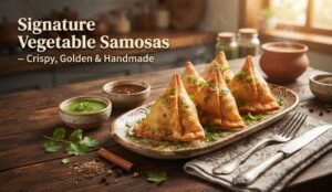 Signature Vegetable Samosas – Crispy, Golden & Handmade served with green and red chutneys on a rustic wooden table.